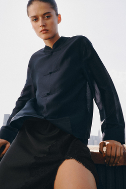 ZARA АТЛАСНАЯ РУБАШКА С ЗАСТЕЖКОЙ НА ПЕТЛИ ZW COLLECTION, МОРСКОЙ СИНИЙ