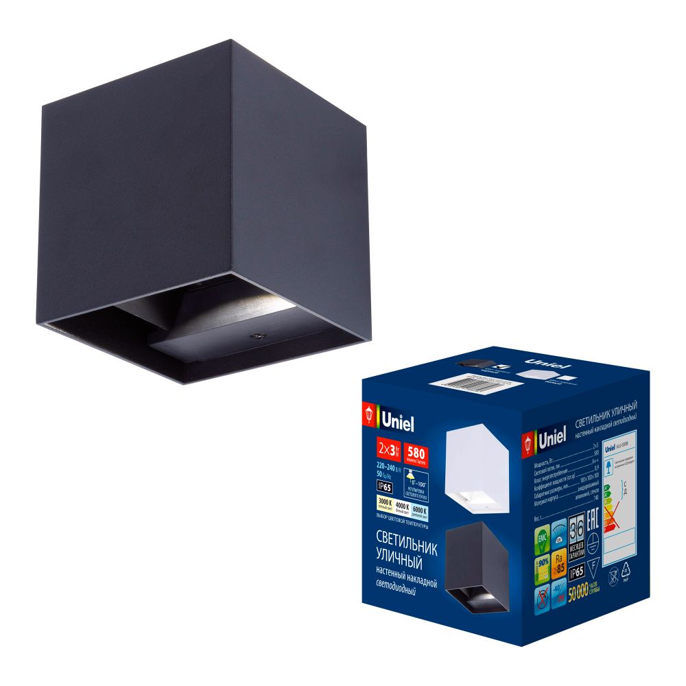 ULU-S55B-2x3W-3000K+4000K+6000K IP65 BLACK Светильник светодиодный уличный. Архитектурный накладной. С переключателем цвета свечения. Теплый3000K-Белый4000K-Дневной6000K. Корпус черный. TM Uniel
