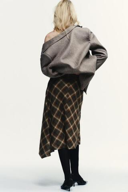ZARA ЮБКА МИДИ АСИММЕТРИЧНАЯ В КЛЕТКУ, ТЕМНЫЙ ХАКИ