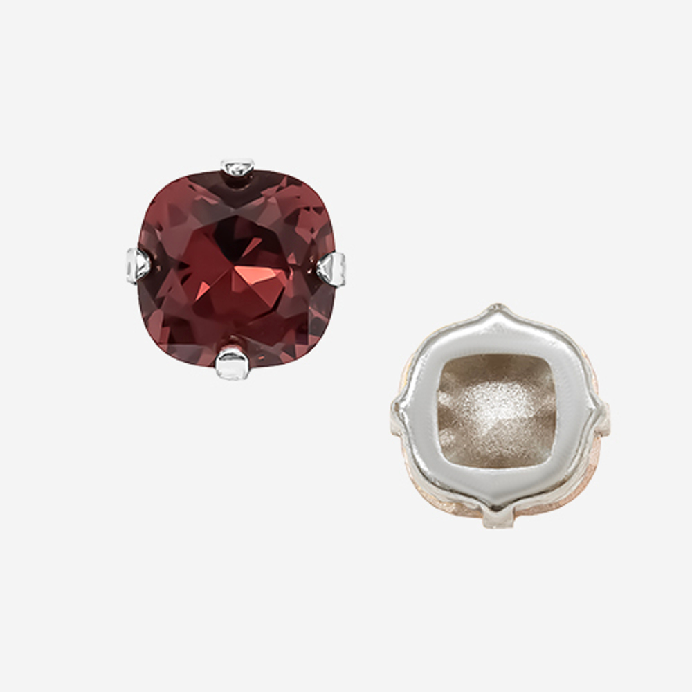 Кристалл Кушон (Сushion) в цапах, оттенок "Burgundy", 9,2мм, родирование
