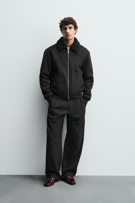 ZARA КОМБИНИРОВАННАЯ КУРТКА ИЗ ИСКУССТВЕННОЙ ЗАМШИ, ЧЕРНЫЙ