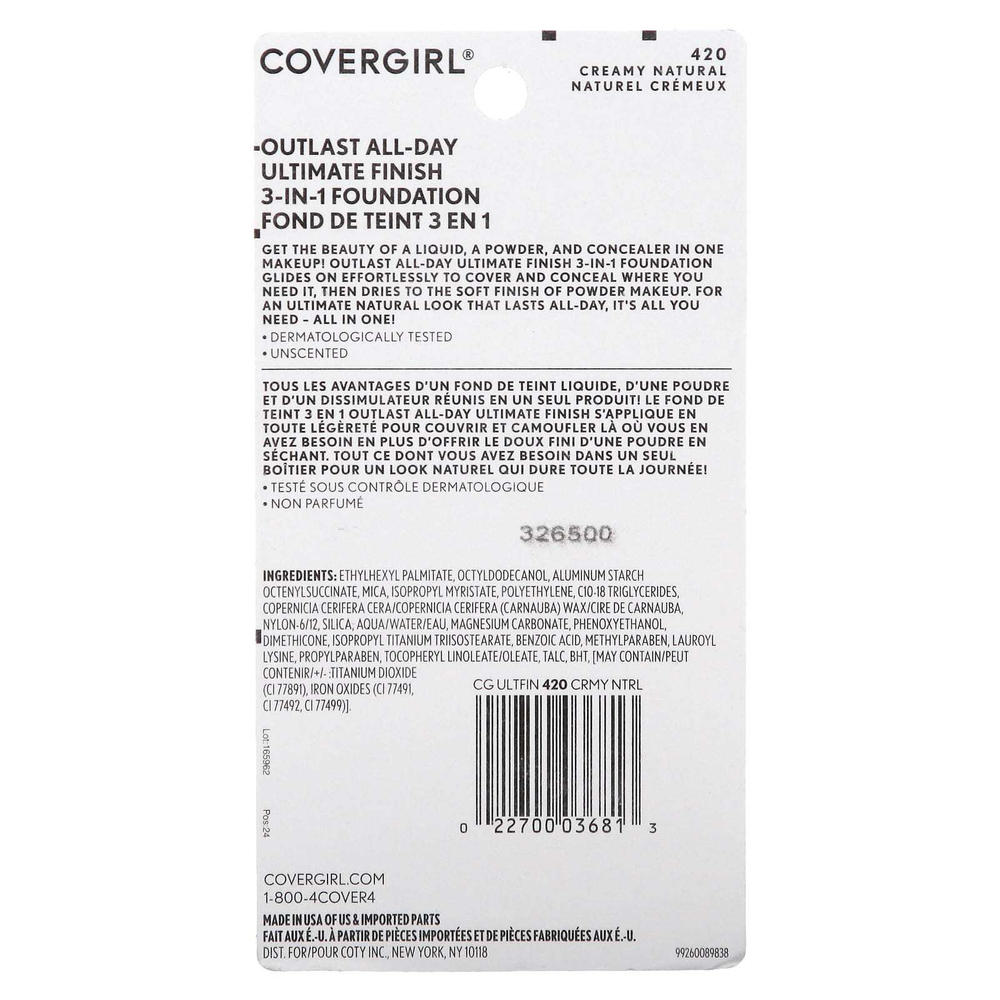 Covergirl, Outlast All-Day, тональный крем 3 в 1, тон 420, кремовый, натуральный, 11 г (0,4 унции)