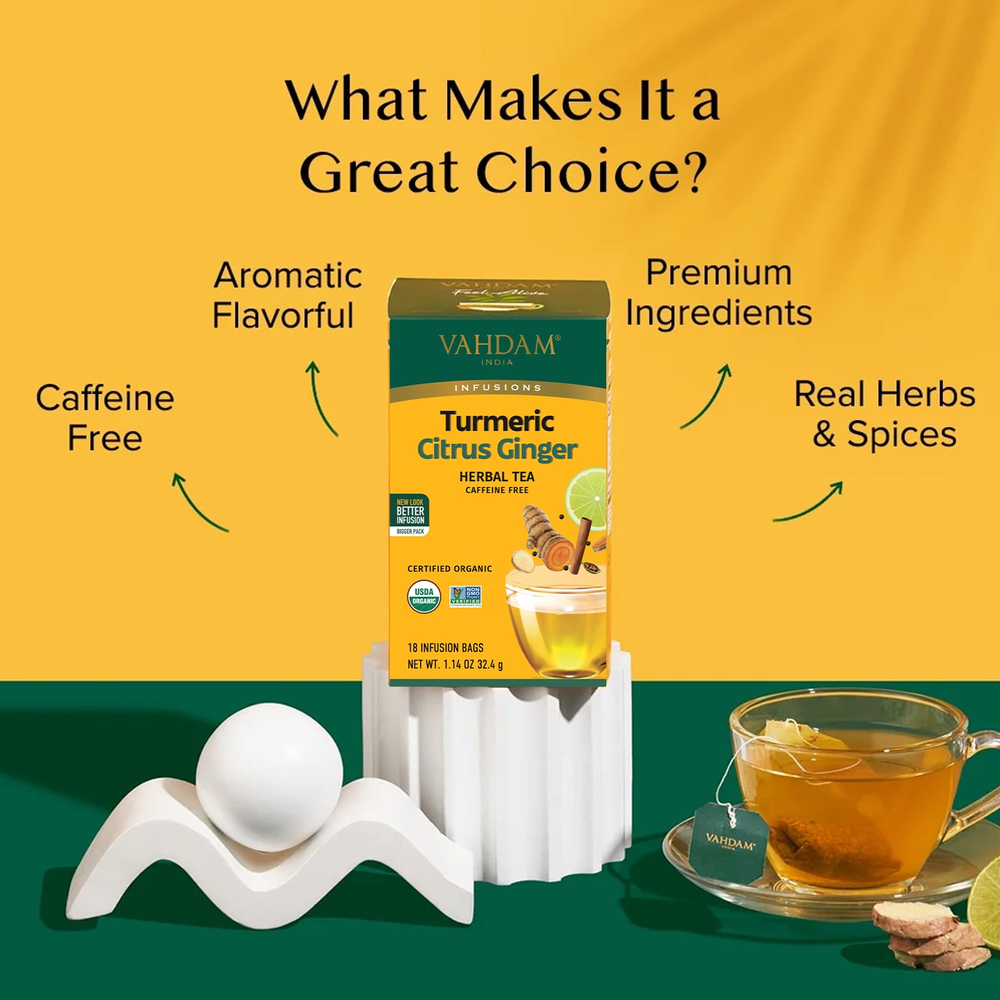 VAHDAM India, Infusions, травяной чай, куркума и имбирь, без кофеина, 18 пакетиков для заваривания, 32,4 г (1,14 унции)