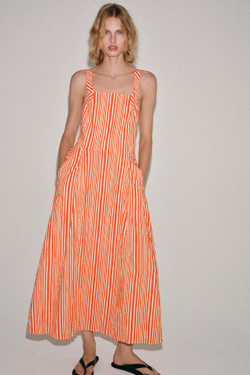 ZARA ПЛАТЬЕ МИДИ В ПОЛОСКУ — ZW COLLECTION, ОРАНЖЕВЫЙ
