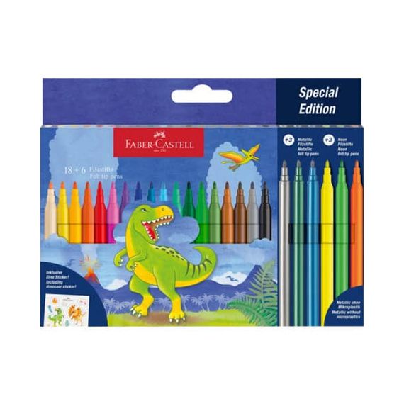 Flomaster \ фломастеры Пенал Faber-Castell из волокна, 18+6 ручек с динозаврами, ассорти, 24 штуки