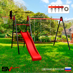 Уличные качели Sv Sport Maxi с горкой УК155КП2 (3.4м/Щит баскет/Деревянные 2шт/Подвесы на подш 2к)