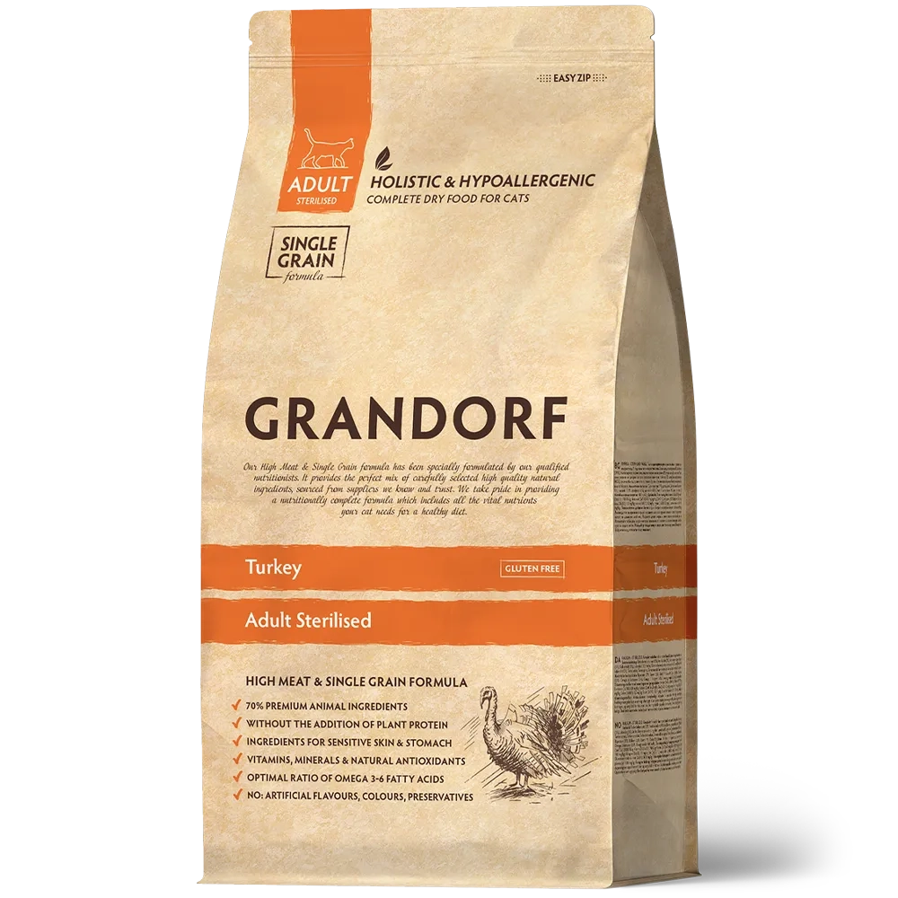 Сухой низкозерновой корм GRANDORF CAT Turkey STERILISED Индейка для стерилизованных кошек 2кг