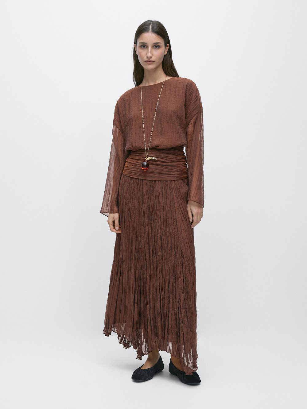 Massimo Dutti Плиссированная юбка-миди из органзы, карамельный