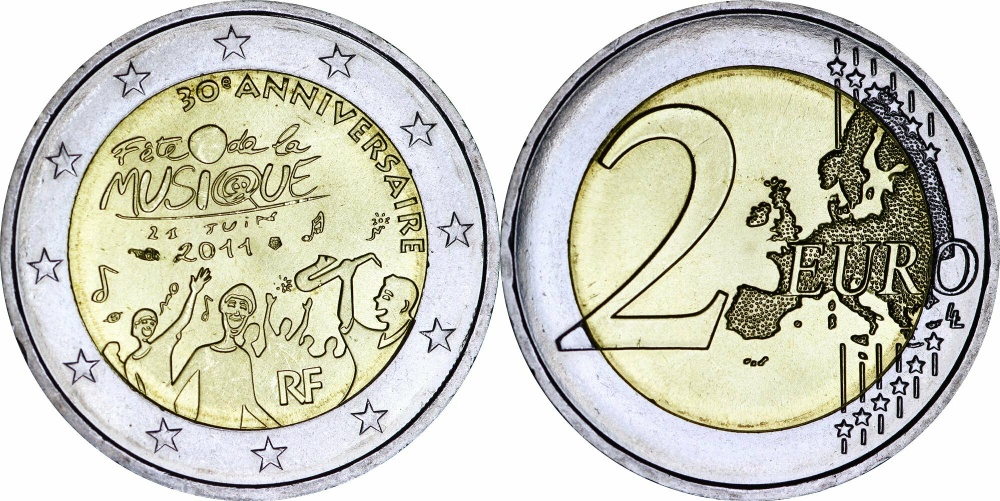 Франция 2 евро, 2011 30 лет Дню музыки во Франции UNC