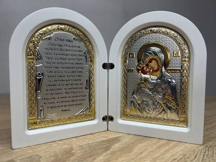 Складень, Владимирская БМ, Молитва, икона арочная, белое дерево 140x200