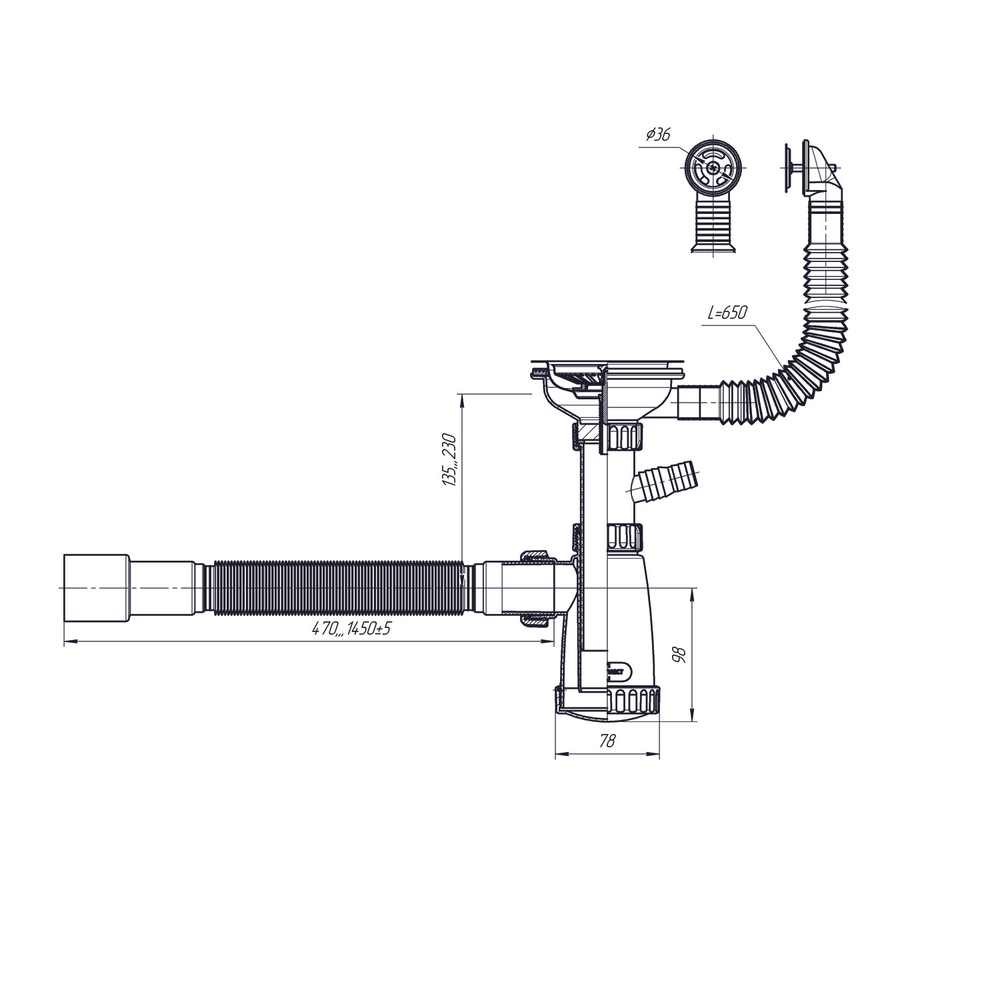 Сифон 3 1/2*40 с носиком, с круглым переливом, с гофрой 40*40*50 (1450мм) BKG30145W ИНКОПЛАСТ
