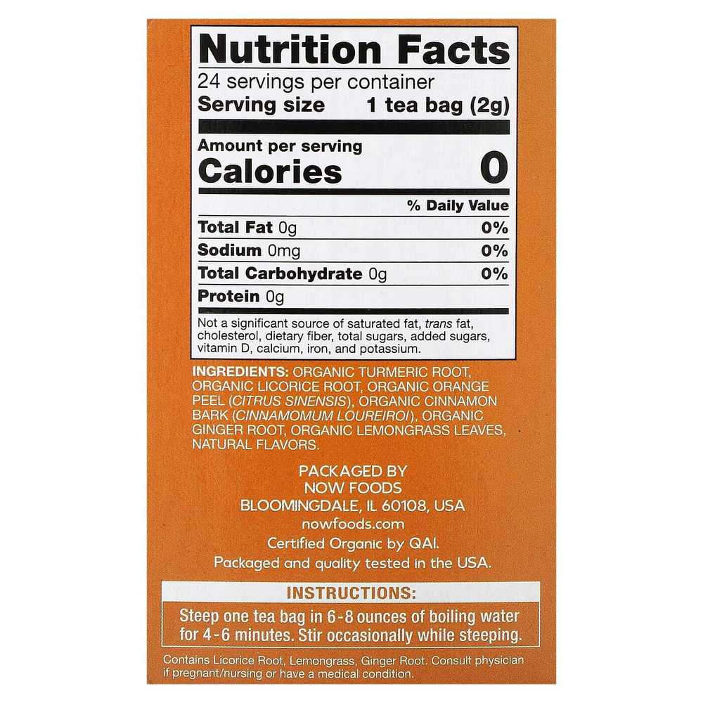NOW Foods, органическая куркума и имбирь, без кофеина, 24 чайных пакетика, 48 г (1,7 унции)
