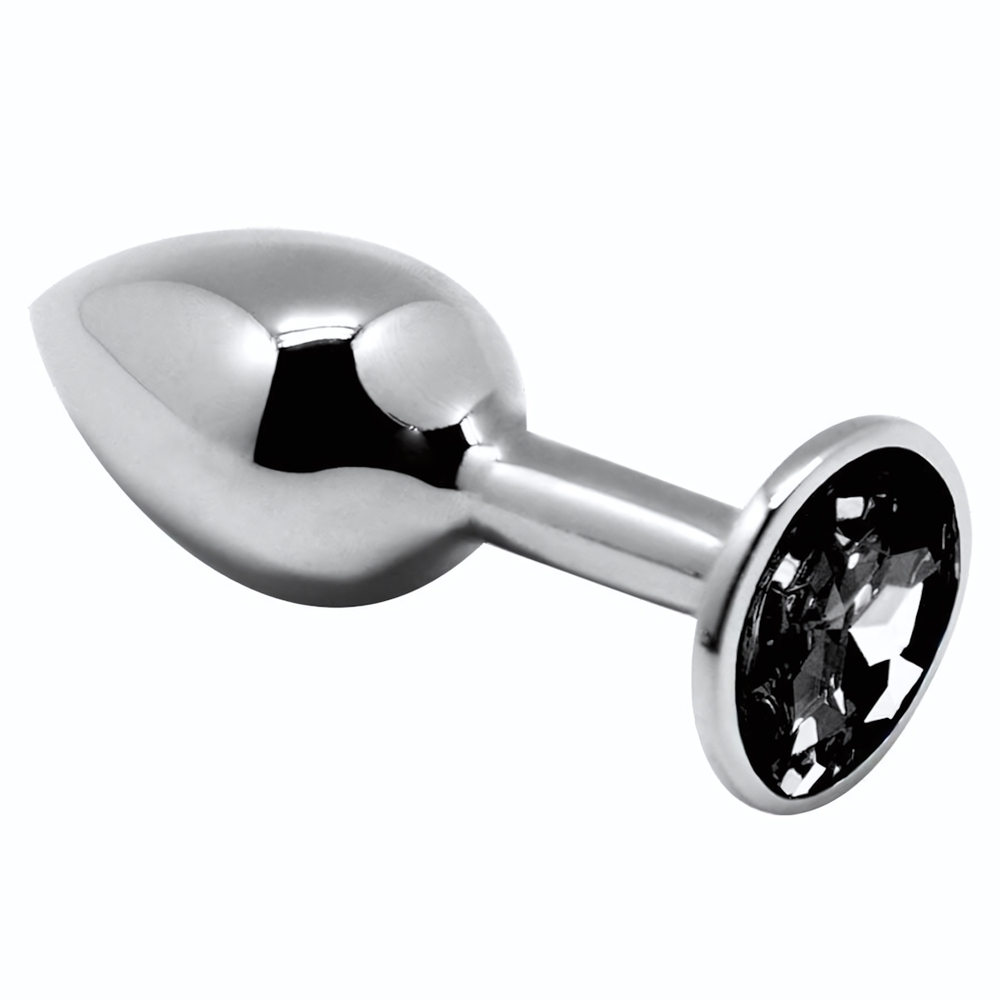 Серебристая анальная втулка с черным кристаллом Mini Metal Butt Plug Size M - 8 см. (Цвет: серебристый)