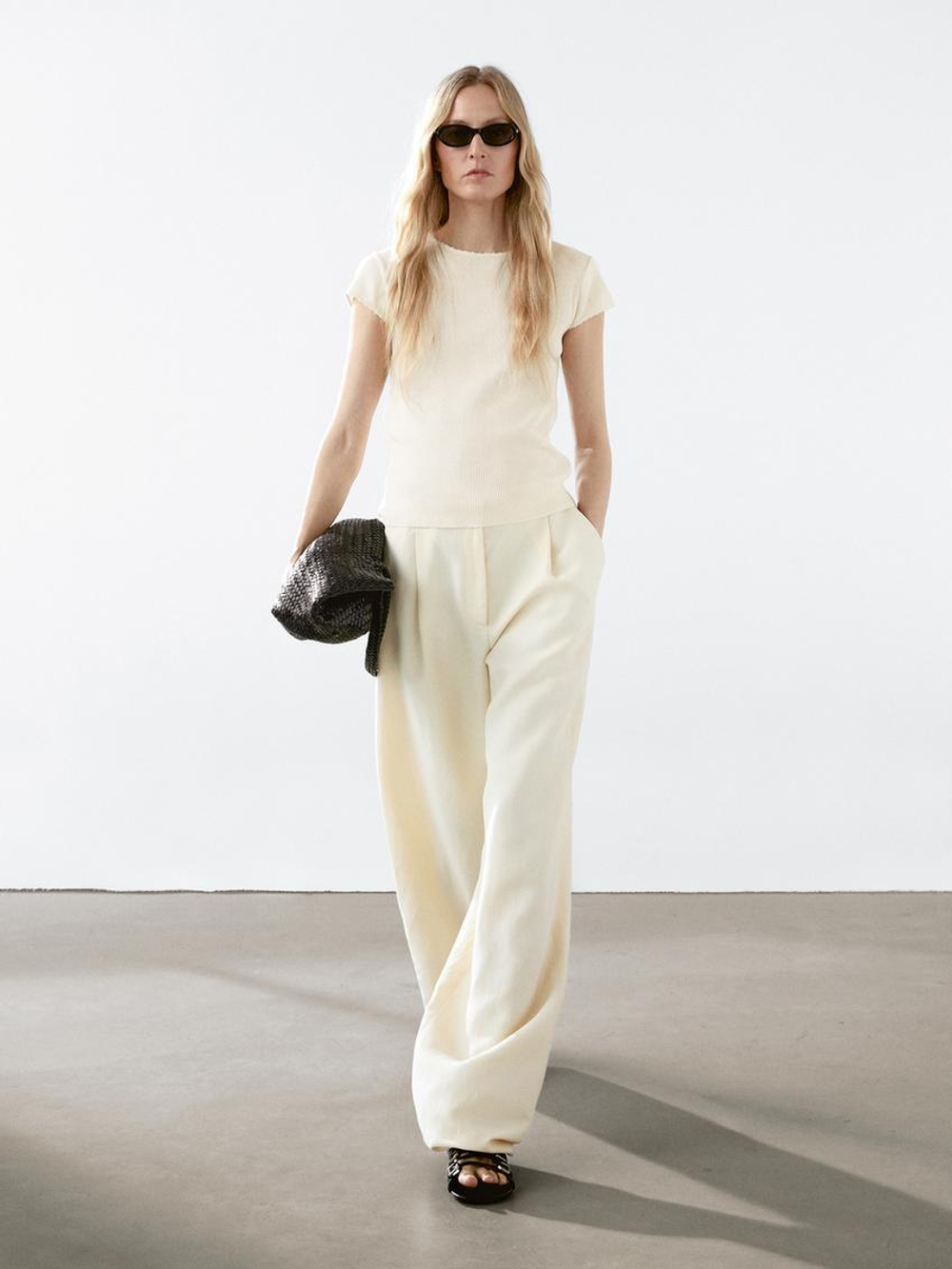 Massimo Dutti Футболка из 100% хлопка с коротким рукавом, натуральный, кремовый