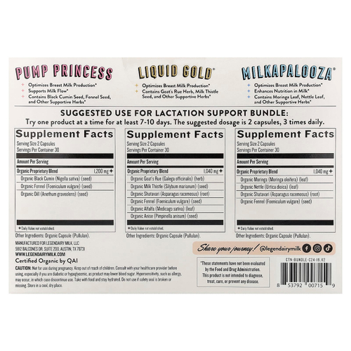 Legendairy Milk, набор для поддержки лактации, 3 флакона, 60 веганских капсул в каждом