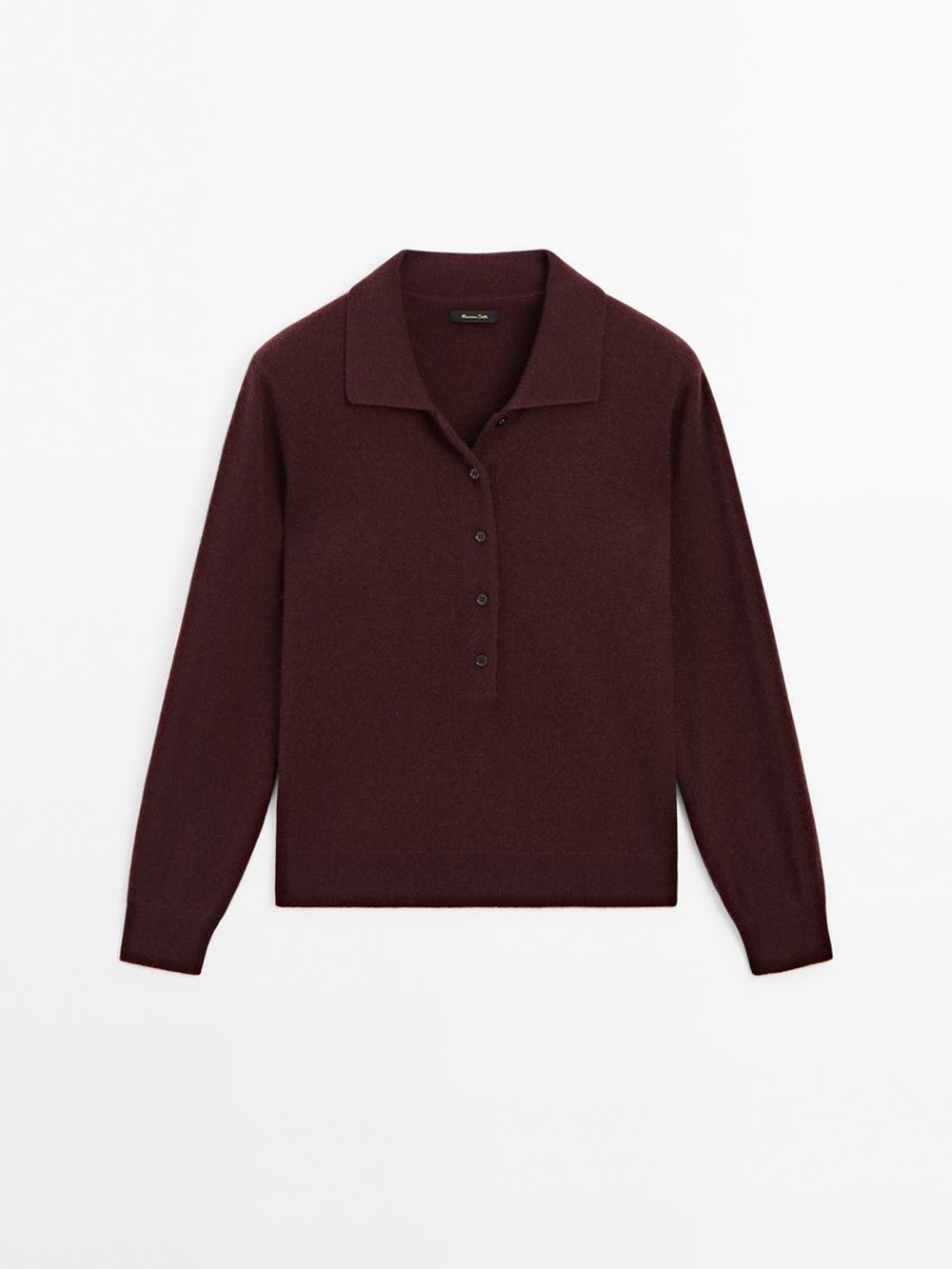 Massimo Dutti Трикотажный свитер поло из 100% кашемира, гранатовый