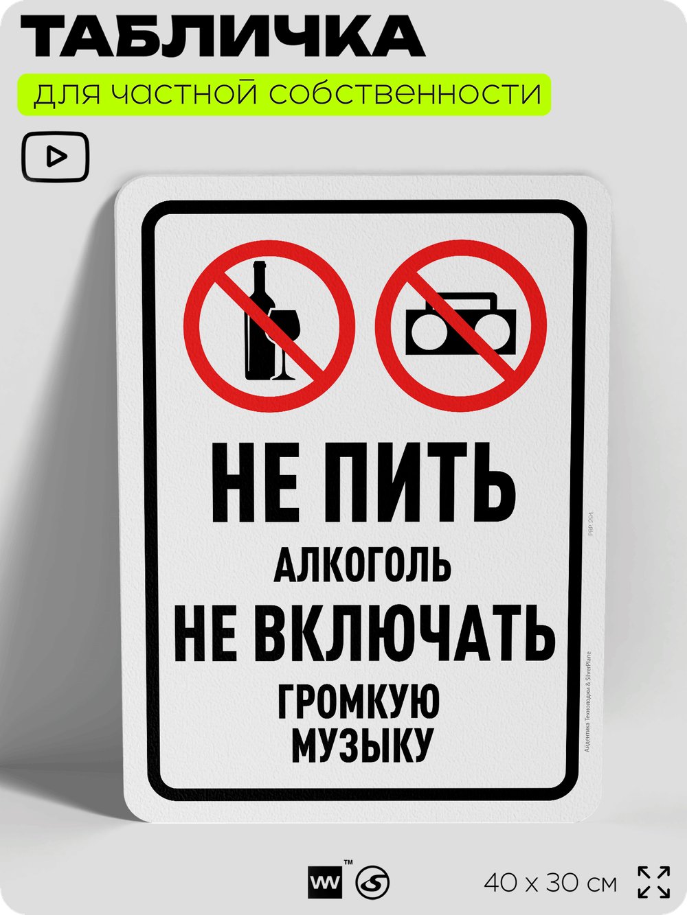 Табличка для частной территории "Не пить алкоголь, не включать громкую музыку", на дом, для участка, организаций и частных территорий, предупреждающая, 40х30 см, Silver Plane x Айдентика Технолоджи