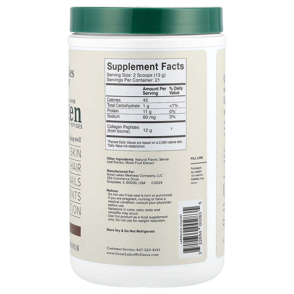 Great Lakes Wellness, Пептиды бычьего коллагена от травяного откорма, шоколад, 284 г (10 унций)