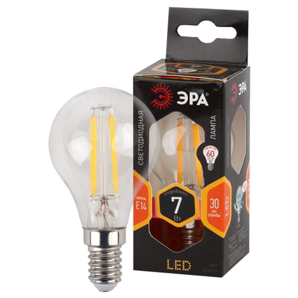 Лампа светодиодная ЭРА F-LED P45-7W-827-E14 7Вт филамент шар теплый белый свет Е14 | Филаментные декоративные