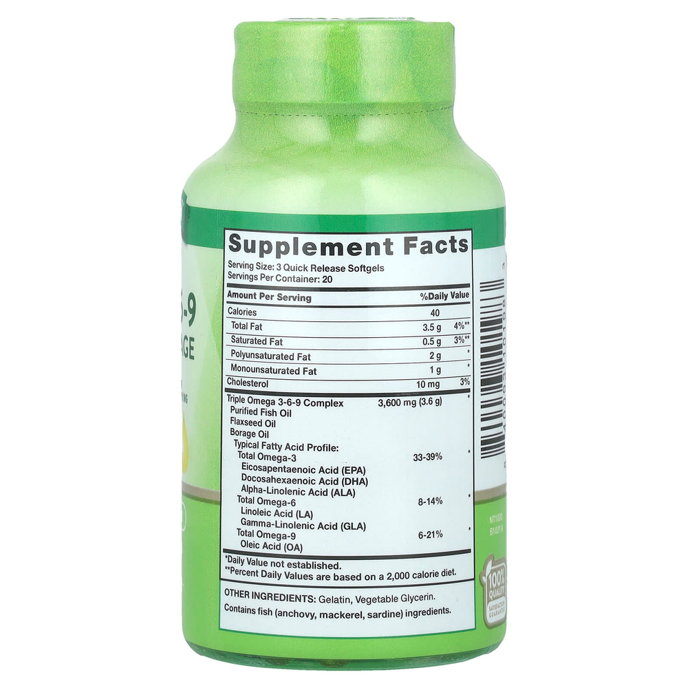 Nature's Truth, Triple Omega 3-6-9, рыба, лен, бурачник, 60 капсул быстрого действия