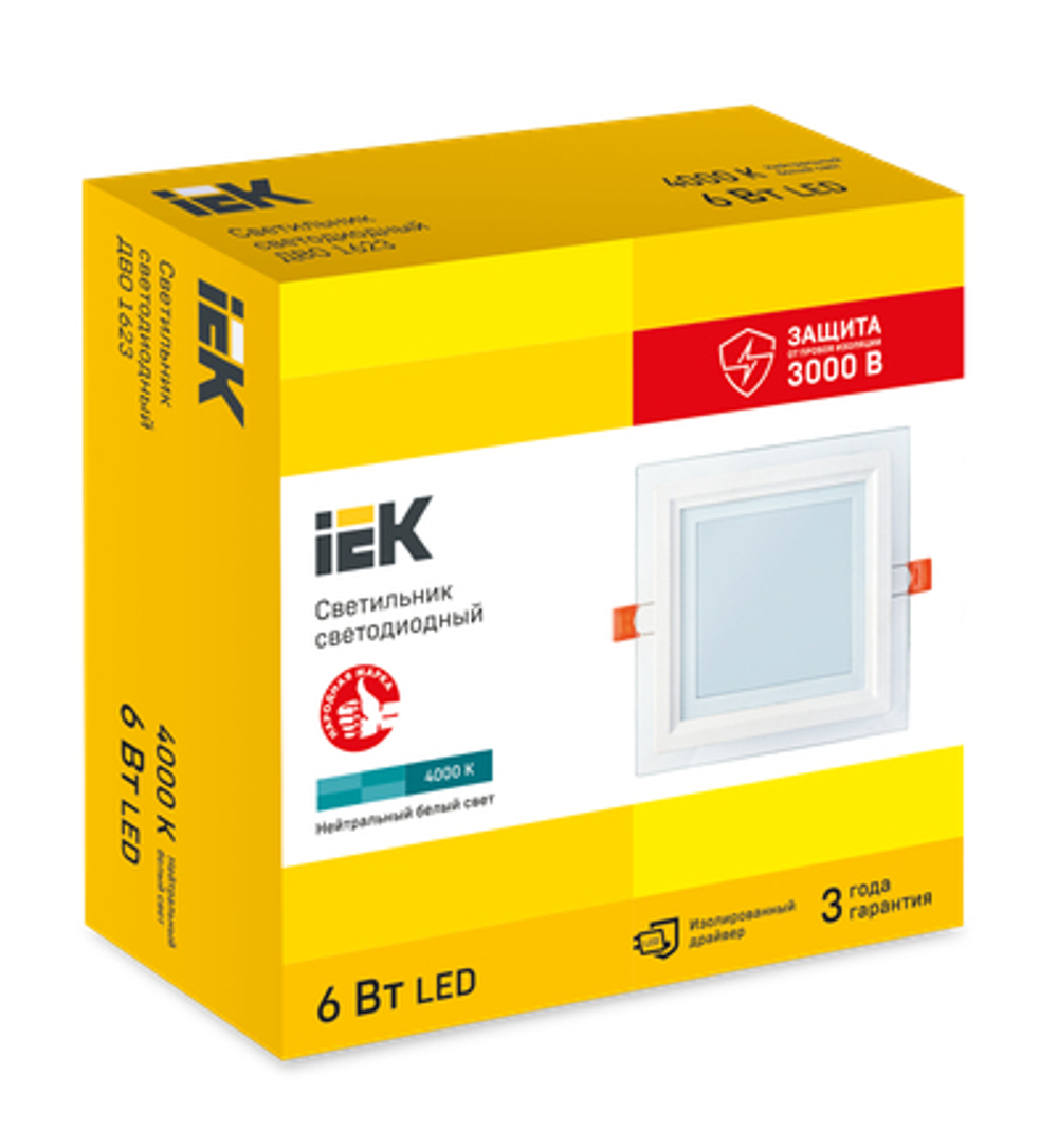 Светильник светодиодный ДВО 1623 со стеклом квадрат 6Вт 4000К IP20 IEK