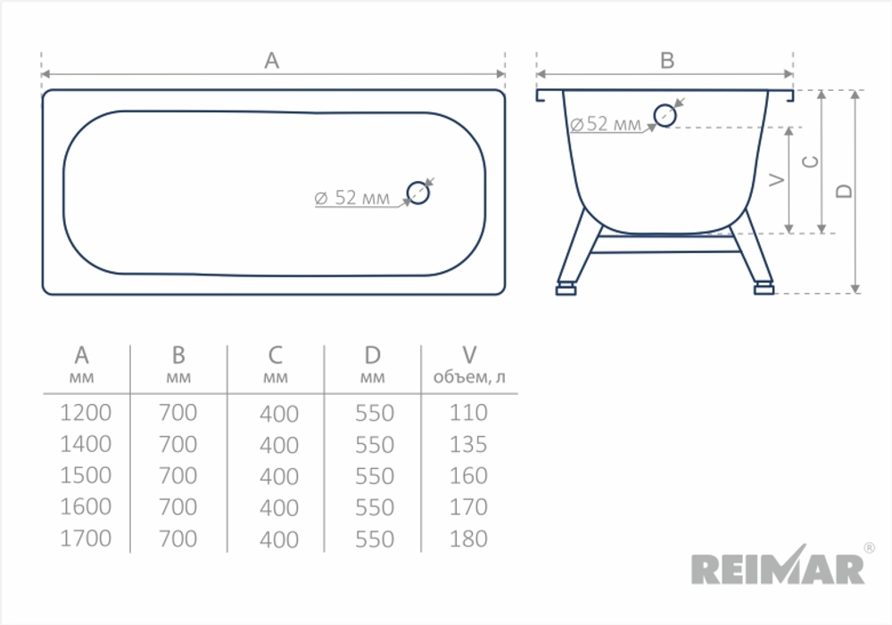 Стальная ванна ВИЗ Reimar 160x70 с опорной подставкой ОР-61205 (R-64901)