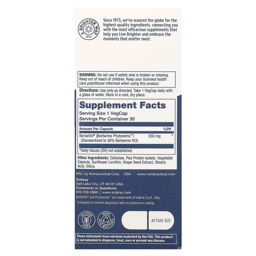 Solaray, Фитосомы берберина, 550 мг, 30 растительных капсул