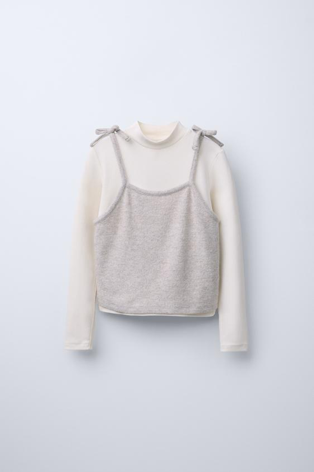 ZARA ТРИКОТАЖНЫЙ ТОП С КОНТРАСТНЫМИ РУКАВАМИ, БЕЖЕВЫЙ