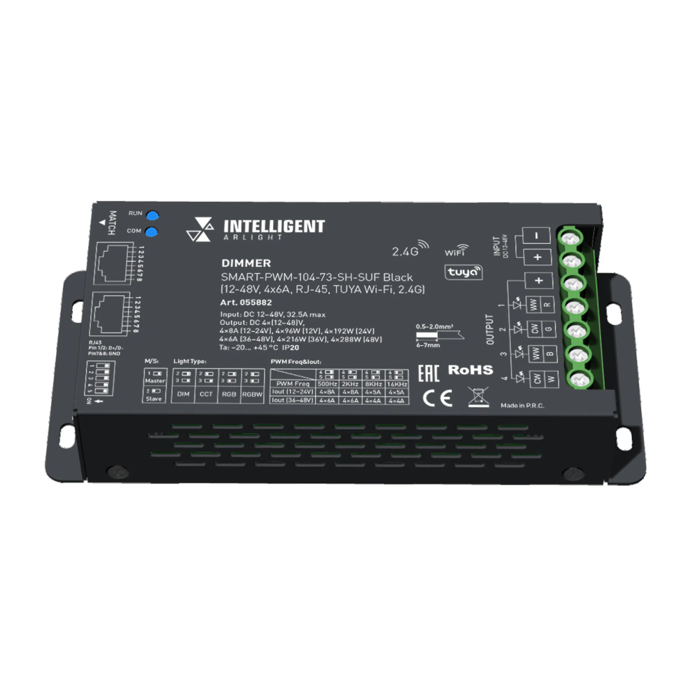 INTELLIGENT ARLIGHT Диммер SMART-PWM-104-73-SH-SUF Black (12-48V, 4x6A, RJ-45, TUYA Wi-Fi, 2.4G) (IARL, IP20 Металл, 5 лет) 055882