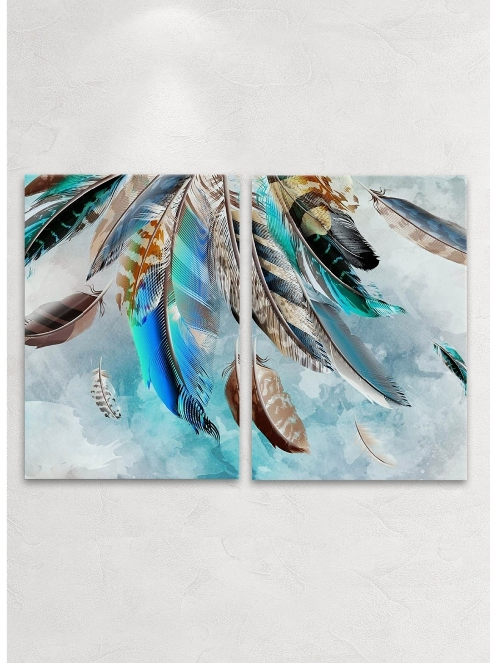 Модульные картины / фотокартины на стекле " Цветные перья" 2 шт, 40х28 Декор для дома, подарок