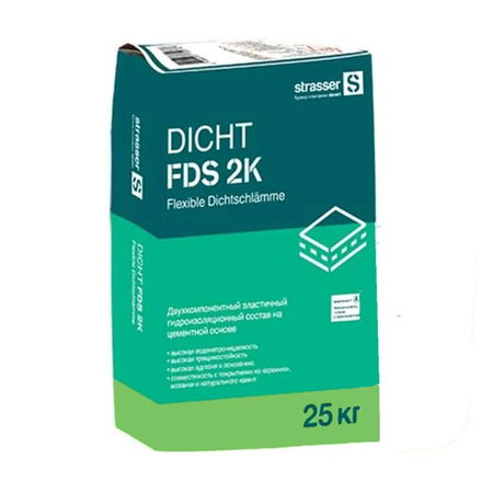 Strasser - DICHT FDS 2K-A - Двухкомпонентный эластичный гидроизоляционный состав на цементной основе (2 - 2,5 мм), сухая часть, ГЛ, 25кг