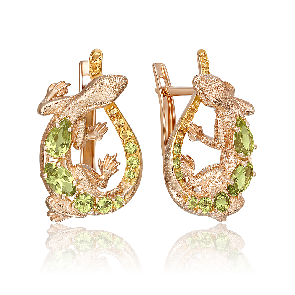 Серьги «Ящерицы» с английским замком из красного золота с хризолитами и цитринами