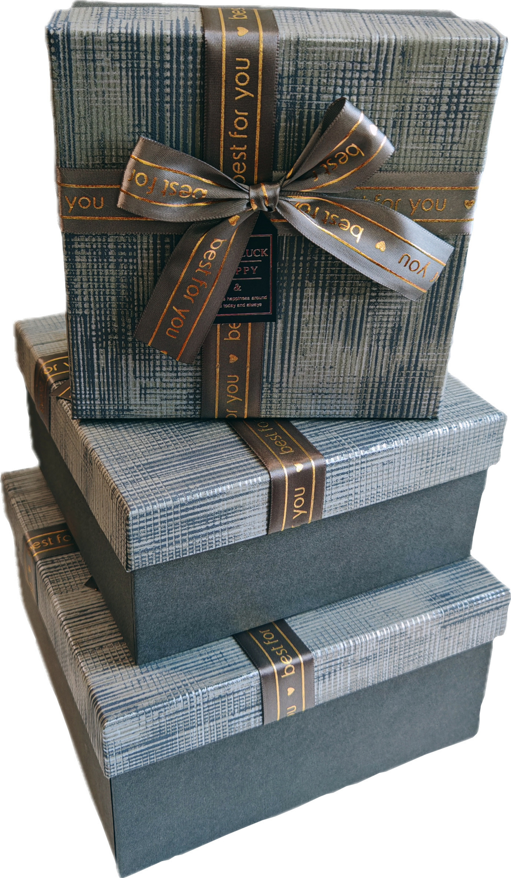 Набор подарочных коробок 3в1 с бантом, серый/золото 15*15*6.5, 17*17*8, 19*19*9.5см