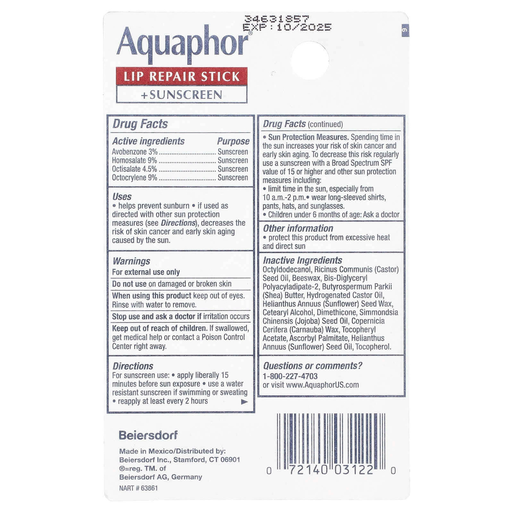 Aquaphor, Стик для восстановления губ + солнцезащитный крем, SPF 30, без отдушек, 4,8 г (0,17 унции)