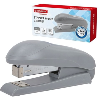 Степлер №24/6, №26/6 "Universal" до 30 листов, на 100 скоб, серый, 272717 (BRAUBERG)