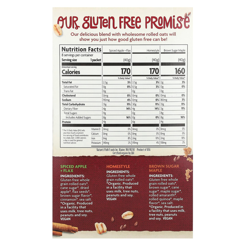 Nature's Path, Органическая овсянка быстрого приготовления без глютена, набор, 8 пакетиков, 320 г (11,3 унции)