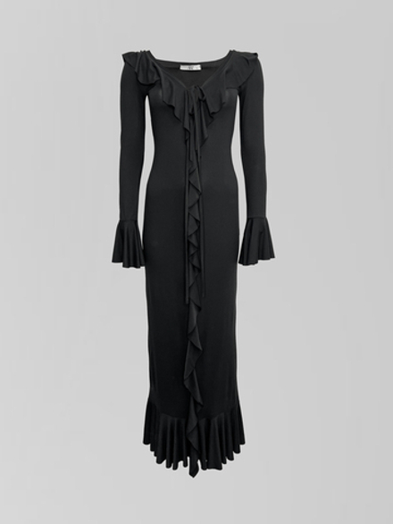 Платье ARZ 1204 длинное однотонное с расклешенными рукавами и рюшами