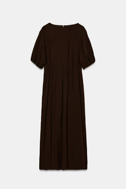 ZARA ПЛАТЬЕ МИДИ С ПЛИССИРОВКОЙ, ШОКОЛАДНЫЙ