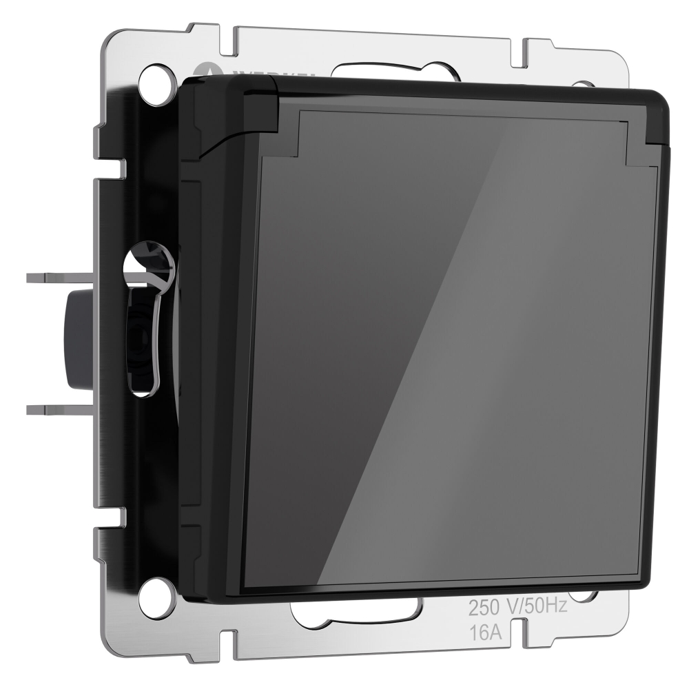 Розетка влагозащ. с зазем. с защит. крышкой и шторками (черный акрил)