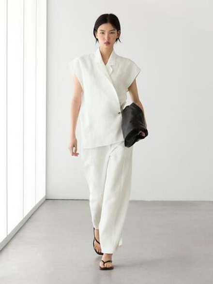 Massimo Dutti Льняные брюки прямого кроя, экрю