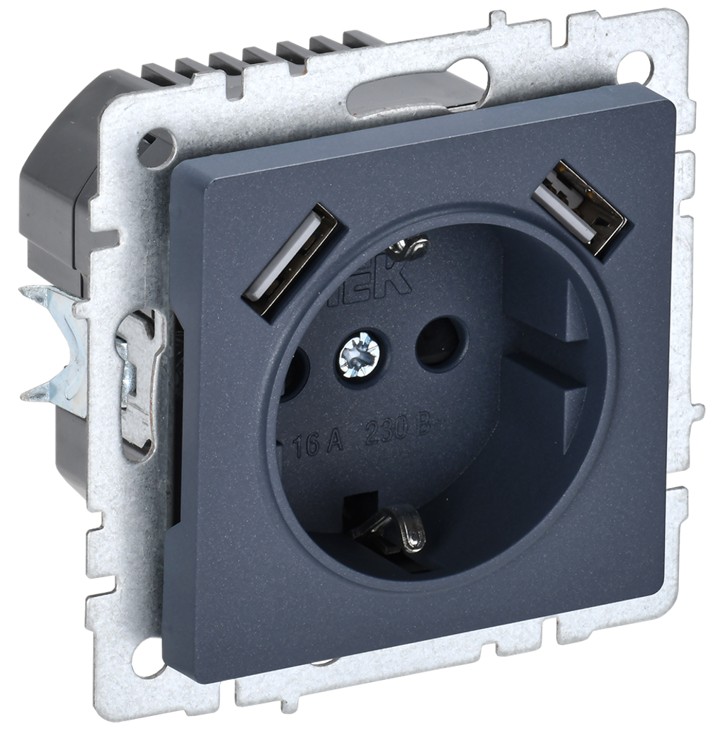BRITE Розетка 1-местная с заземлением с защитными шторками 16А с USB A+A 5В 2,1А РЮш10-1-БрМ маренго IEK
