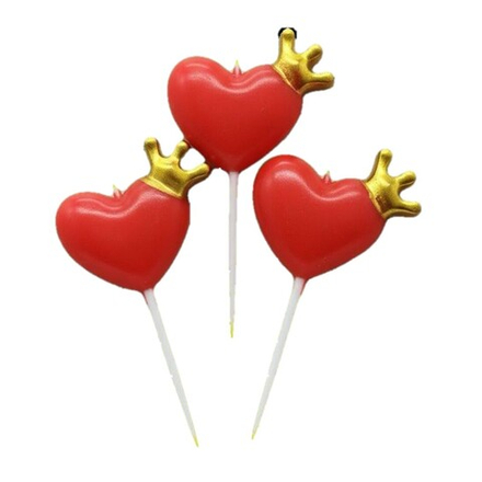 Свечи на шпажке в форме сердца с короной, красные металлик, 8,5 см, 3 шт