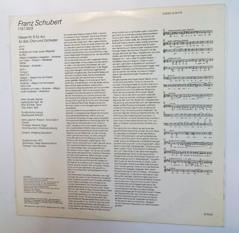 Винтажная виниловая пластинка LP Franz Schubert Ф. Шуберт Messe Es-dur (GDR 1972)
