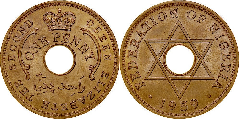 Нигерия 1 пенни, 1959 Королева Елизавета II VF