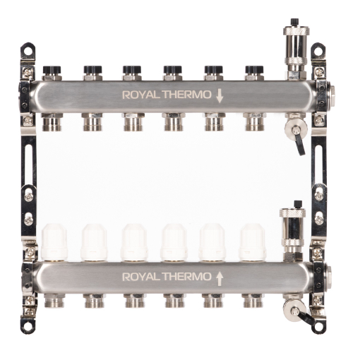Коллектор Royal Thermo нерж. в сборе универсальный 1quot; ВР-3/4quot; НР с автомат. воздухоотвод-ми 6 вых.