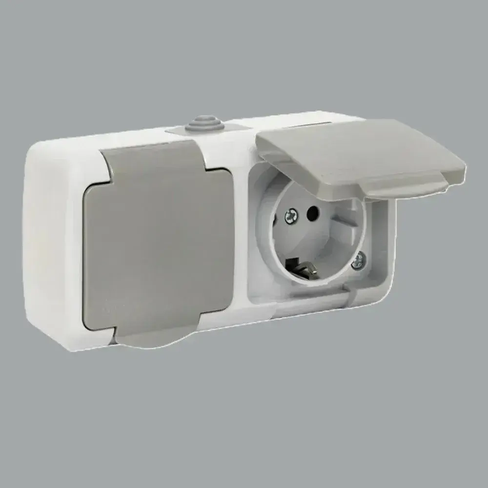 Розетка уличная влагозащищенная IP54, розетка накладная двойная с заземлением, наружная с крышкой Электро 16А, 250В