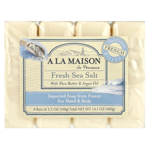 A La Maison de Provence, мыло для рук и тела, морская соль, 4 бруска по 100 г (3,5 унции) каждый