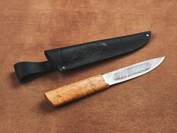 Шкуросъемный нож "Якут" с кованым долом, дамасская сталь, рукоять карельская береза