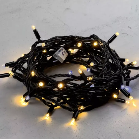Гирлянда Нить 10 м., Тепло-Белая с Мерцанием Белого Диода 220В, 75 LED, Провод Черный Каучук, IP65, LTC (LL75BLW-1-2WW)