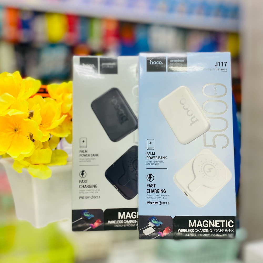 Power Bank 5000mAh с беспроводной зарядкой, MagSafe, Hoco J117, белый